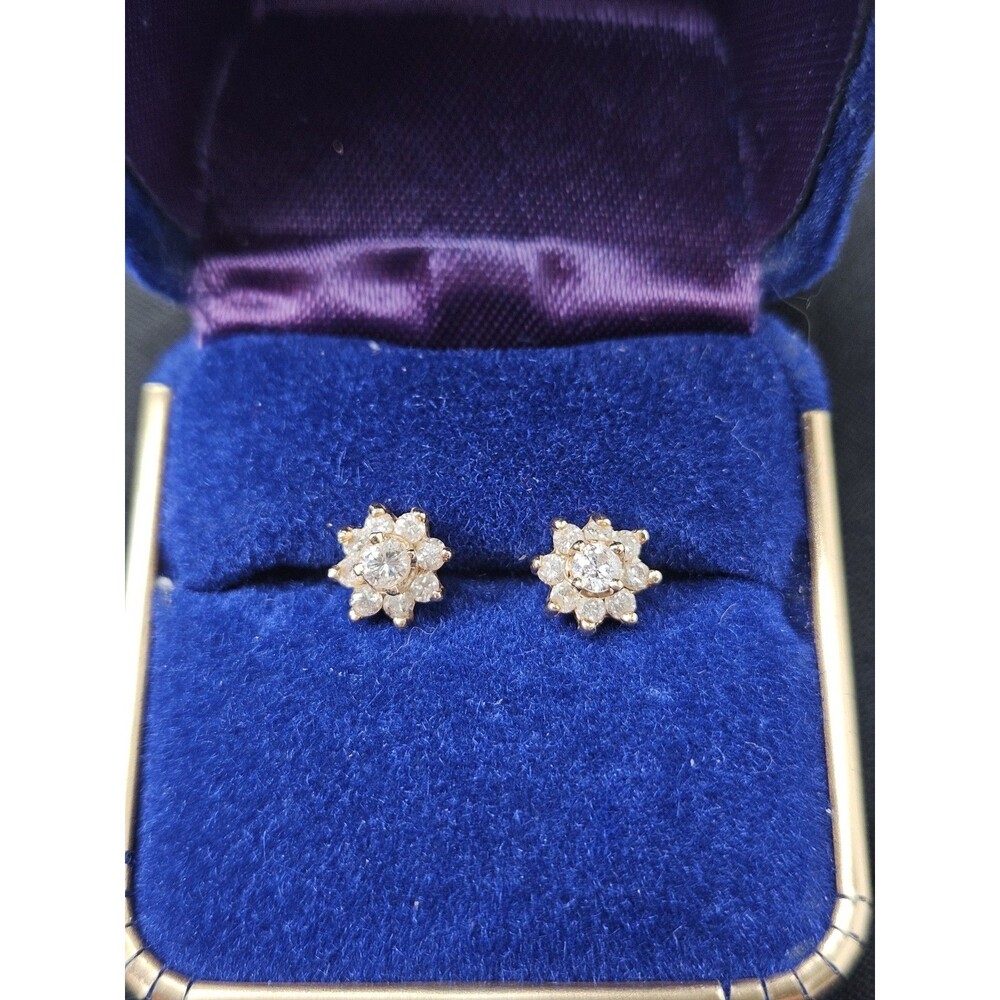 14K Yellow Gold Diamond Cluster Floral Stud Earrings 6MM 1.19 Grams
